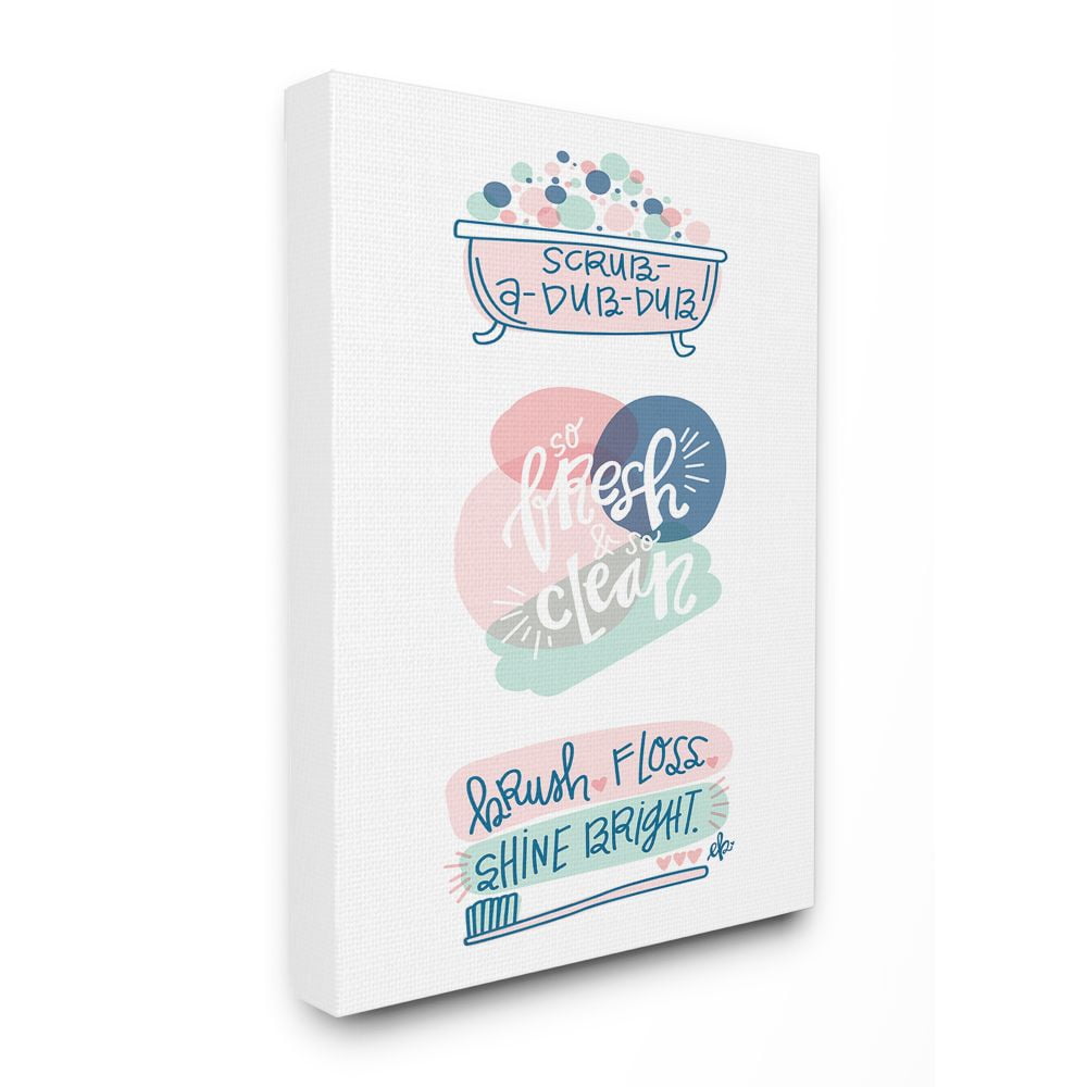 The Stupell Home Decor Collection Pink and Blue Scrub A Dub Dub with Bath Tub and Toothbrush Illustrations Canvas Wall Art