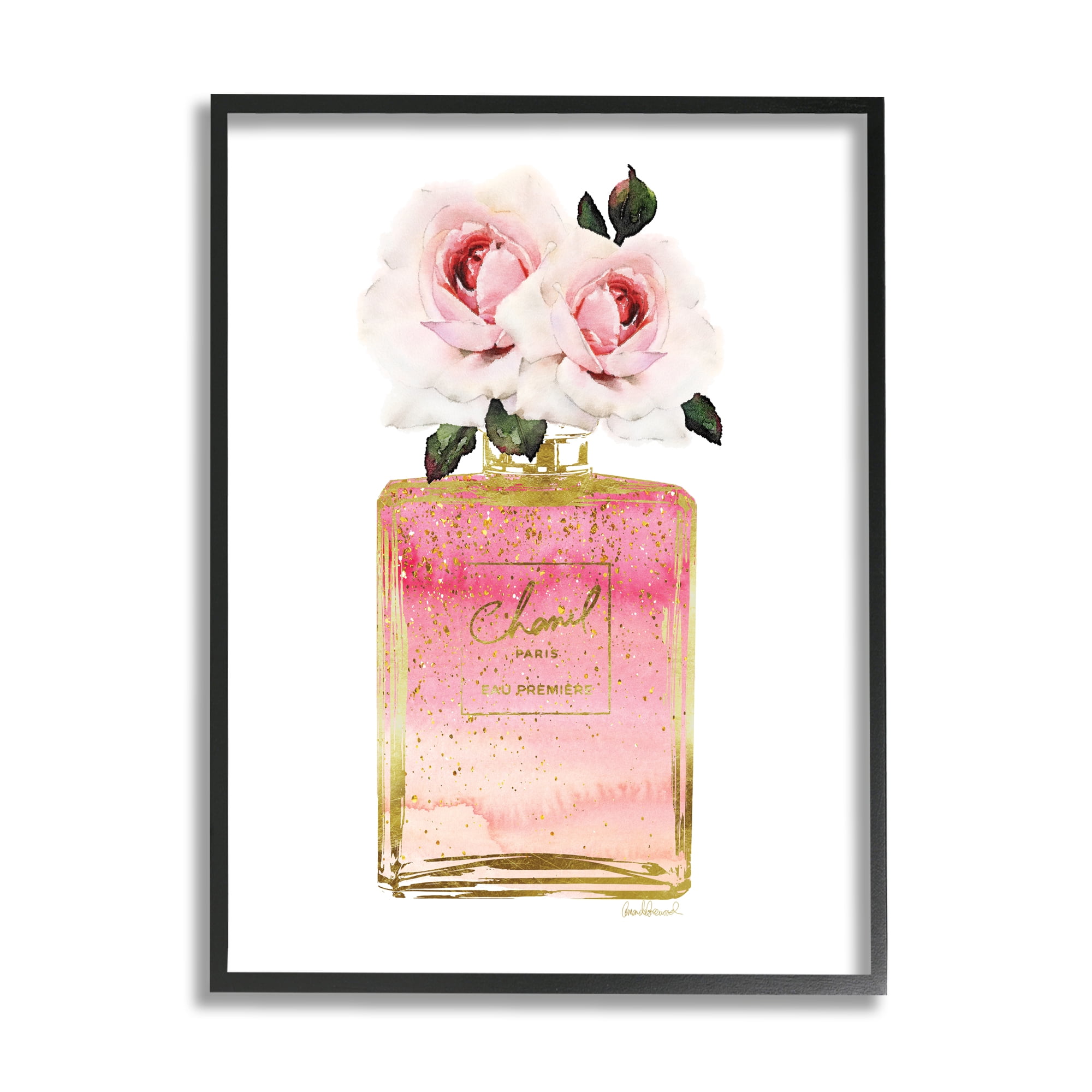 The Stupell Home Decor Collection Pink and Gold Ombre Perfume Bottle with Roses Oversized Framed Giclee Texturized Art, 16 x 1.5 x 20