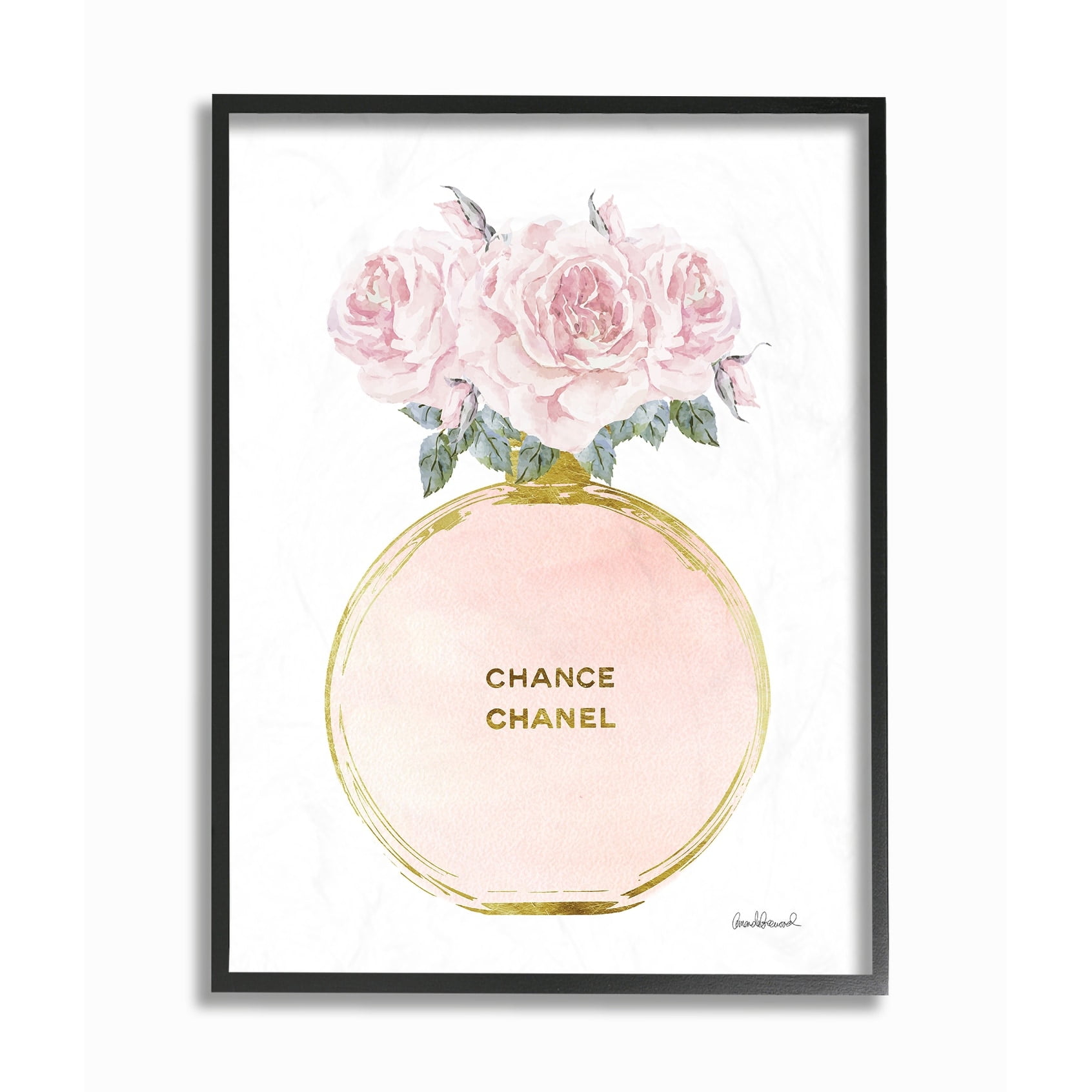 The Stupell Home Decor Collection Pink and Gold Round Perfume Bottle with Roses Framed Giclee Texturized Art, 11 x 1.5 x 14