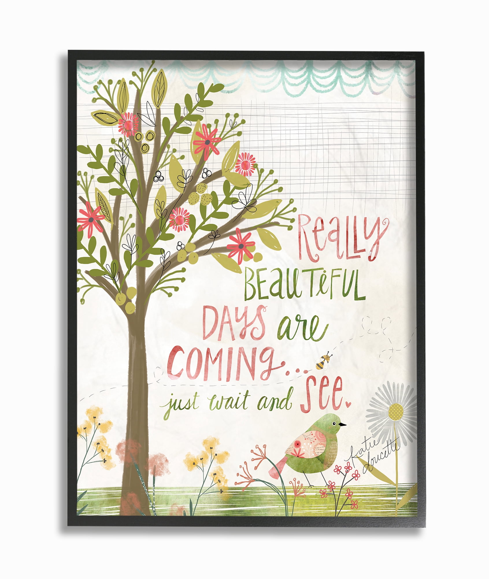 The Stupell Home Decor Collection Pink and Green Really Beautiful Days Spring Trees and Bird Illustration Framed Giclee Texturized Art, 11 x 14