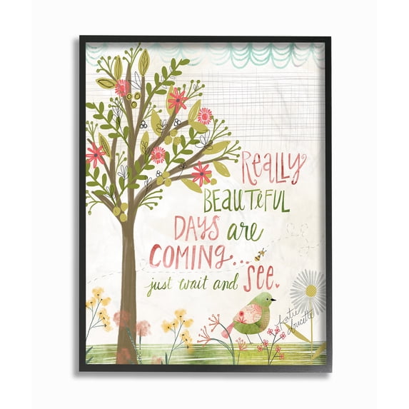 The Stupell Home Decor Collection Pink and Green Really Beautiful Days Spring Trees and Bird Illustration Framed Giclee Texturized Art, 11 x 14