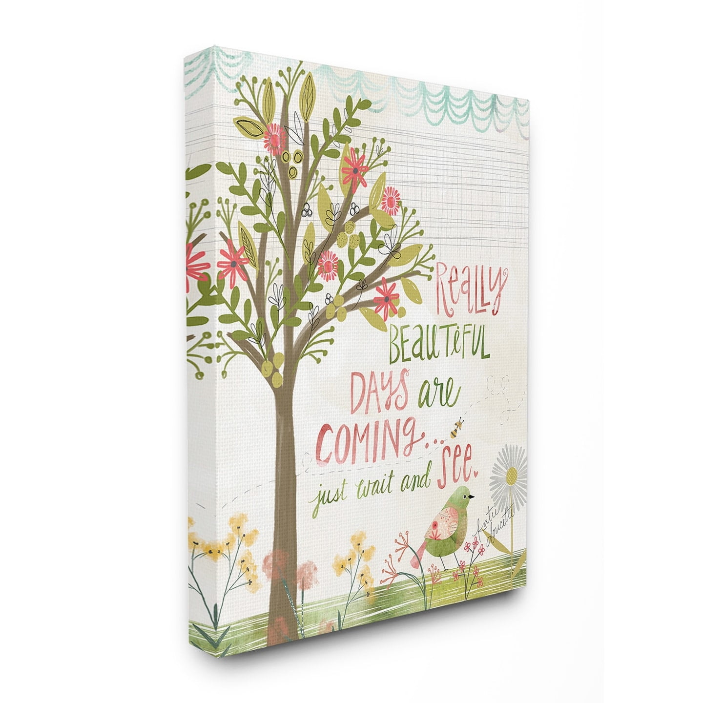 The Stupell Home Decor Collection Pink and Green Really Beautiful Days Spring Trees and Bird Illustration Stretched Canvas Wall Art, 30 x 40