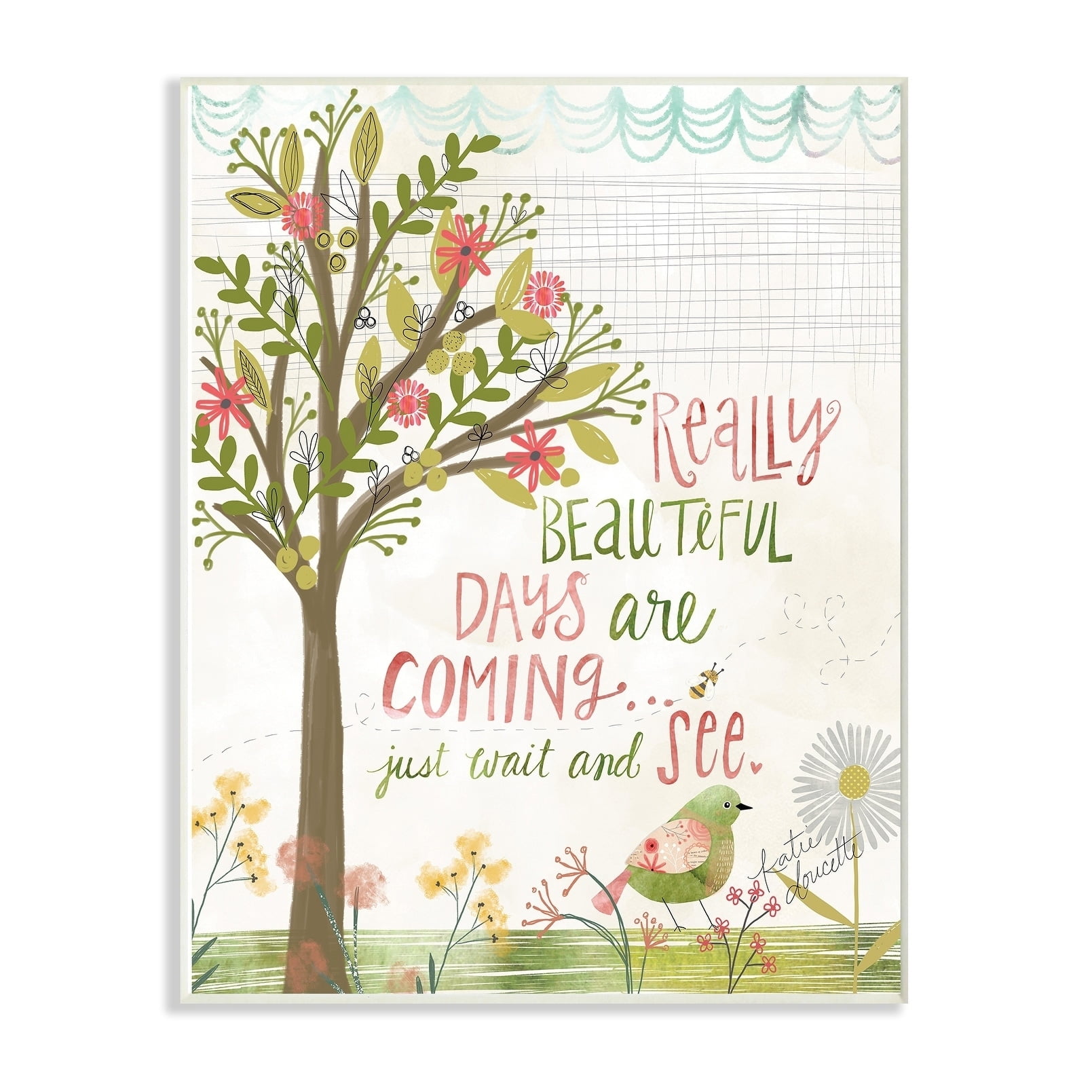 The Stupell Home Decor Collection Pink and Green Really Beautiful Days Spring Trees and Bird Illustration Wall Plaque Art, 12.5 x 18.5