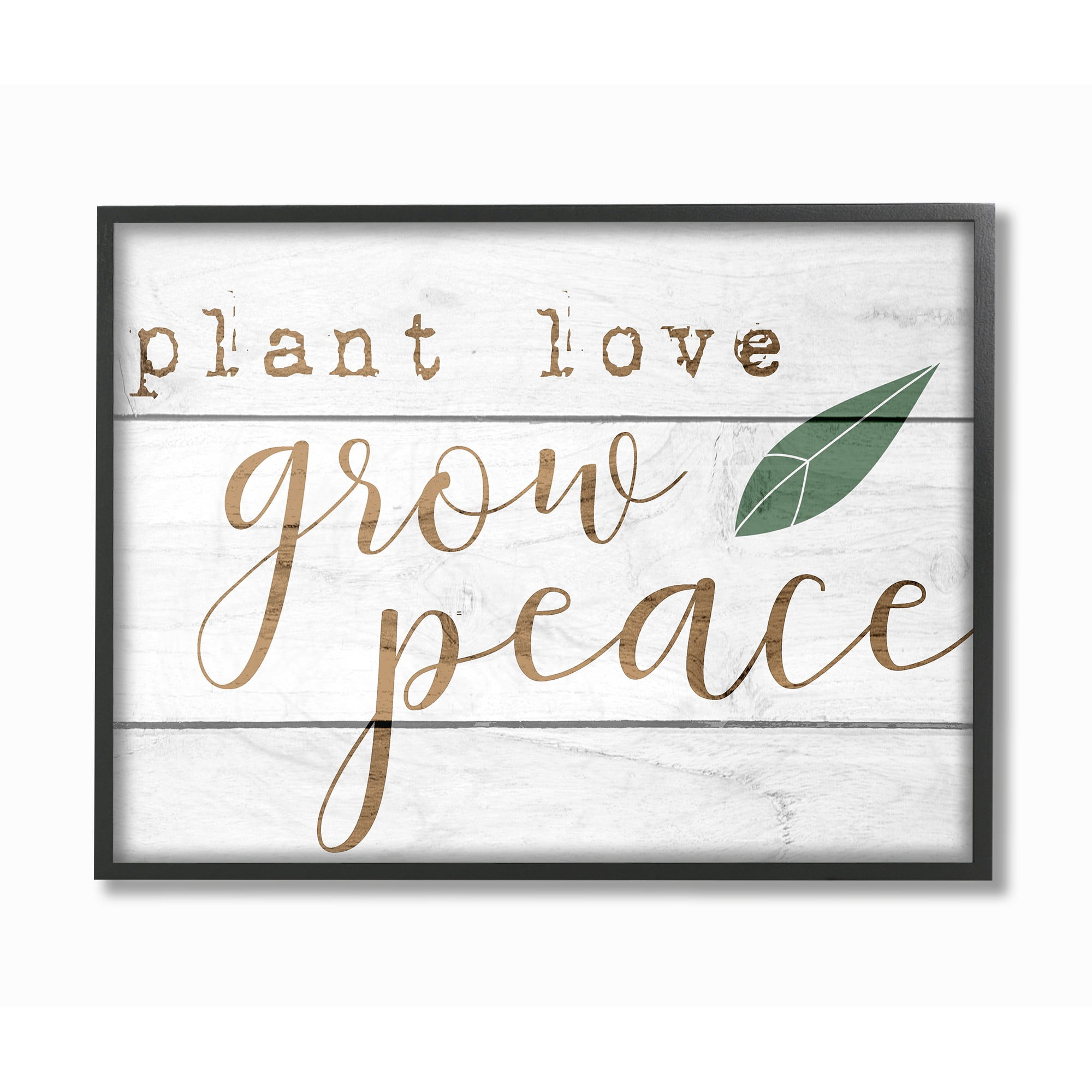 The Stupell Home Decor Collection Plant Love Grow Peace Green Leaf Planked Look Framed Giclee Texturized Art, 11 x 1.5 x 14