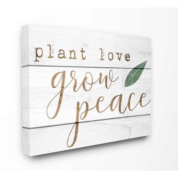 The Stupell Home Decor Collection Plant Love Grow Peace Green Leaf Planked Look Oversized Stretched Canvas Wall Art, 24 x 1.5 x 30