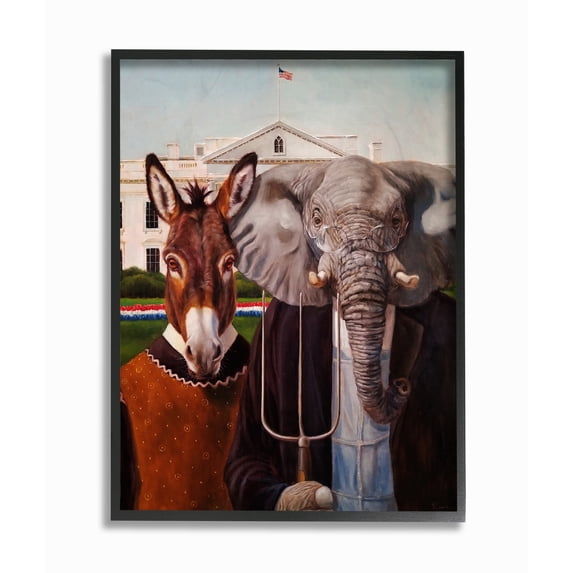 The Stupell Home Decor Collection Political Satire American Gothic Farm Animal Painting Framed Giclee Texturized Art, 16 x 20