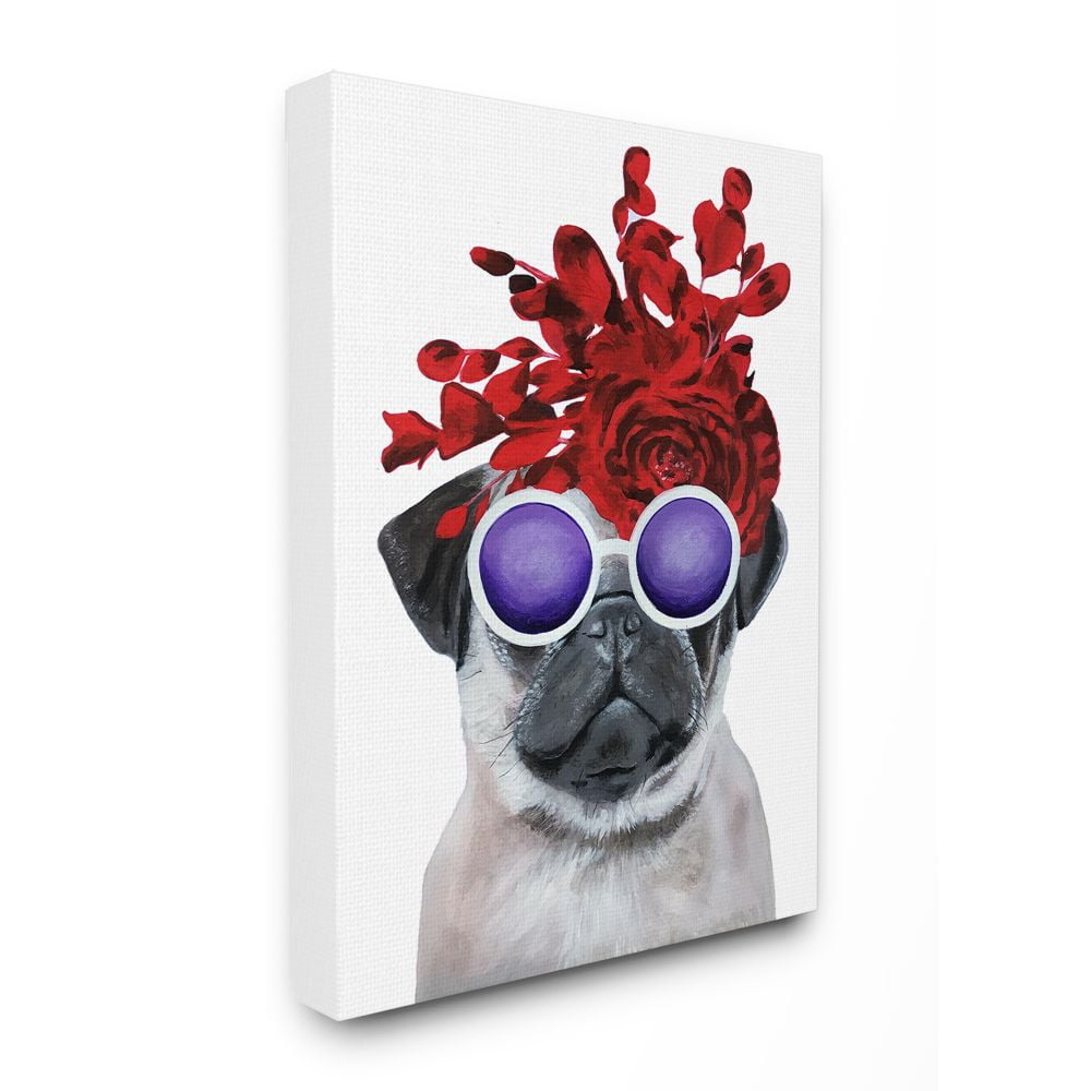 The Stupell Home Decor Collection Pug Dog With Flower Hat and Purple Glasses Canvas Wall Art