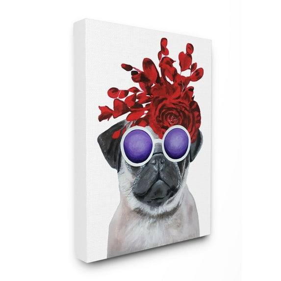 The Stupell Home Decor Collection Pug Dog With Flower Hat and Purple Glasses Canvas Wall Art