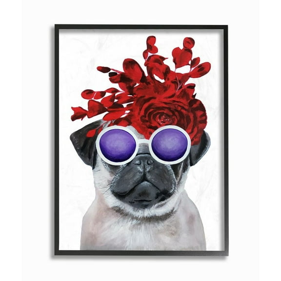 The Stupell Home Decor Collection Pug Dog With Flower Hat and Purple Glasses Framed Giclee Texturized Art