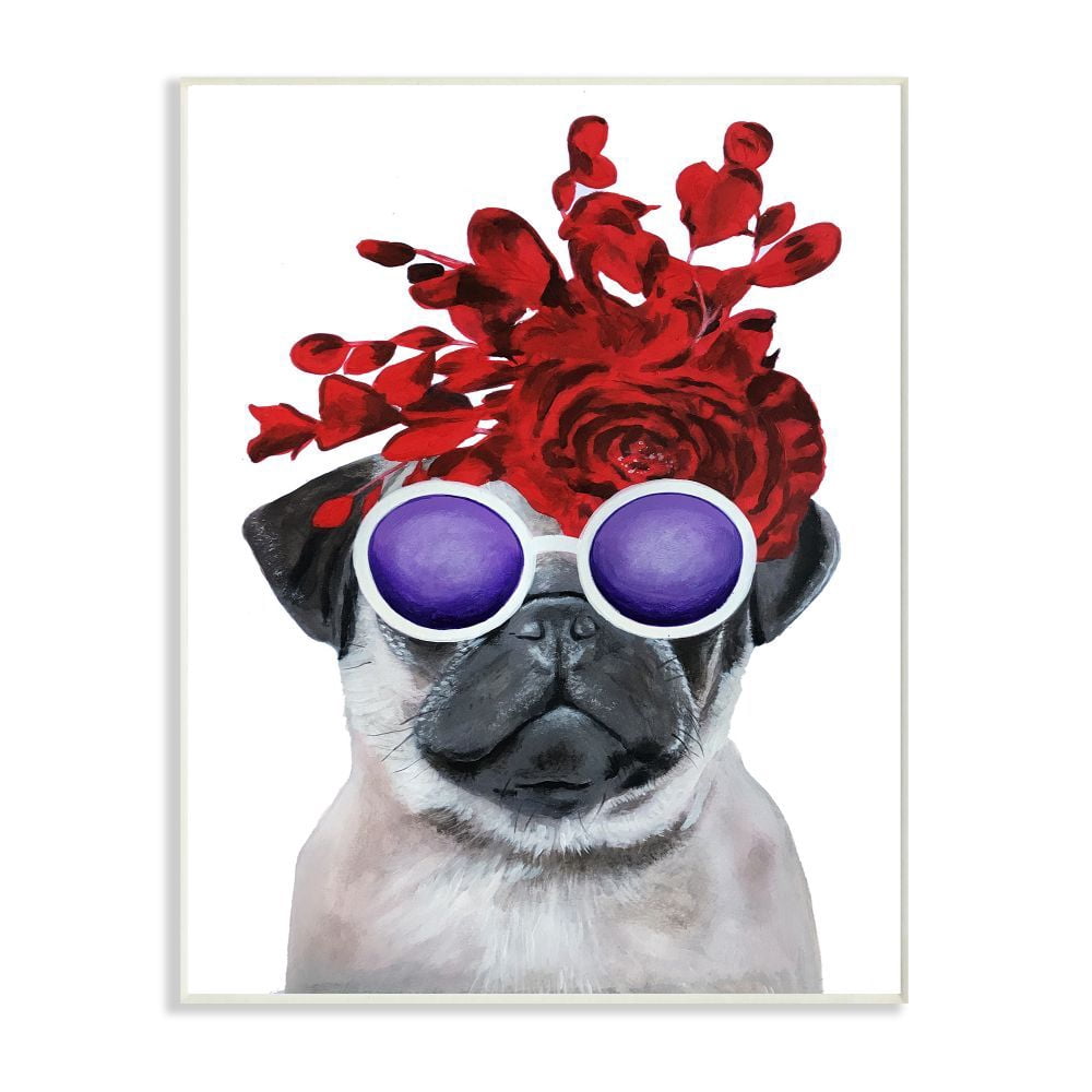 The Stupell Home Decor Collection Pug Dog With Flower Hat and Purple Glasses Wall Plaque Art