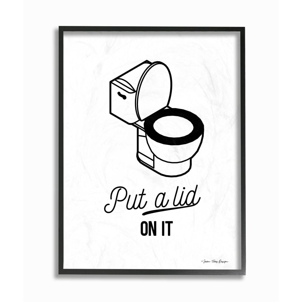 The Stupell Home Decor Collection Put A Lid On It Black and White Script Typography with Toilet Drawing Black Framed Giclee Texturized Art