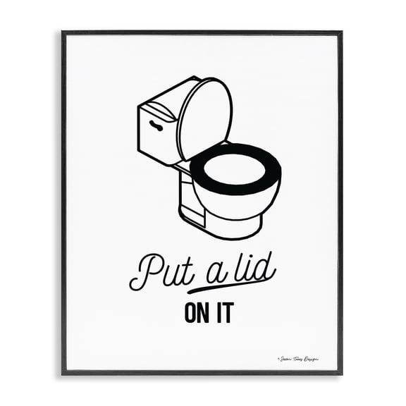 Stupell Industries Eclectic Put A Lid On It Black and White Script Typography with Toilet Drawing Black Framed Giclee Art, 11 x 14, by Seven Trees Design