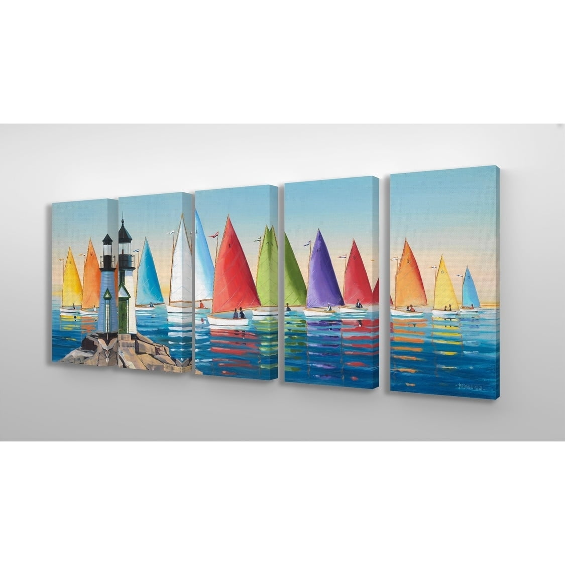 The Stupell Home Decor Collection Rainbow Sails Sailboat Ocean Horizon with Lighthouse Painting 5pc Stretched Canvas Wall Art Set, 10 x 21
