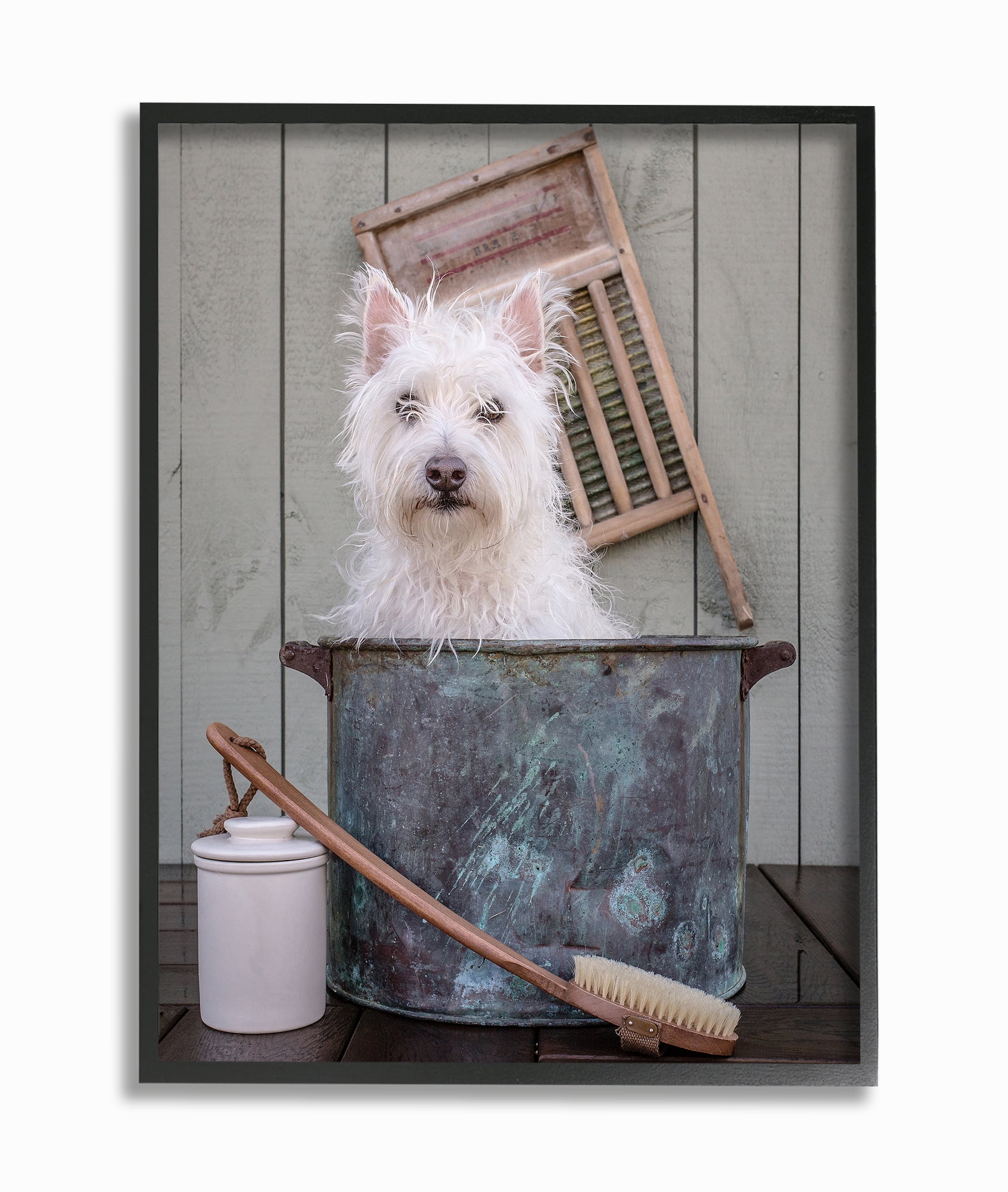 The Stupell Home Decor Collection Ready for a Bath Little White Dog in a Wash Tub Photograph Framed Giclee Texturized Art, 16 x 20