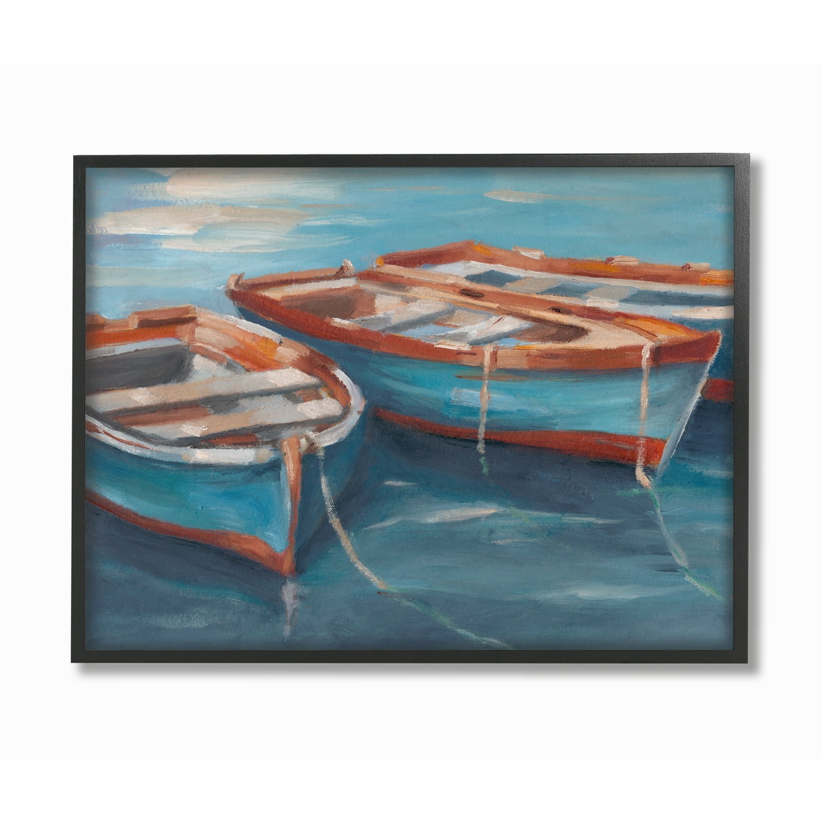 The Stupell Home Decor Collection Red White and Blue Row Boats At Dock Painting Framed Giclee Texturized Art, 11 x 1.5 x 14