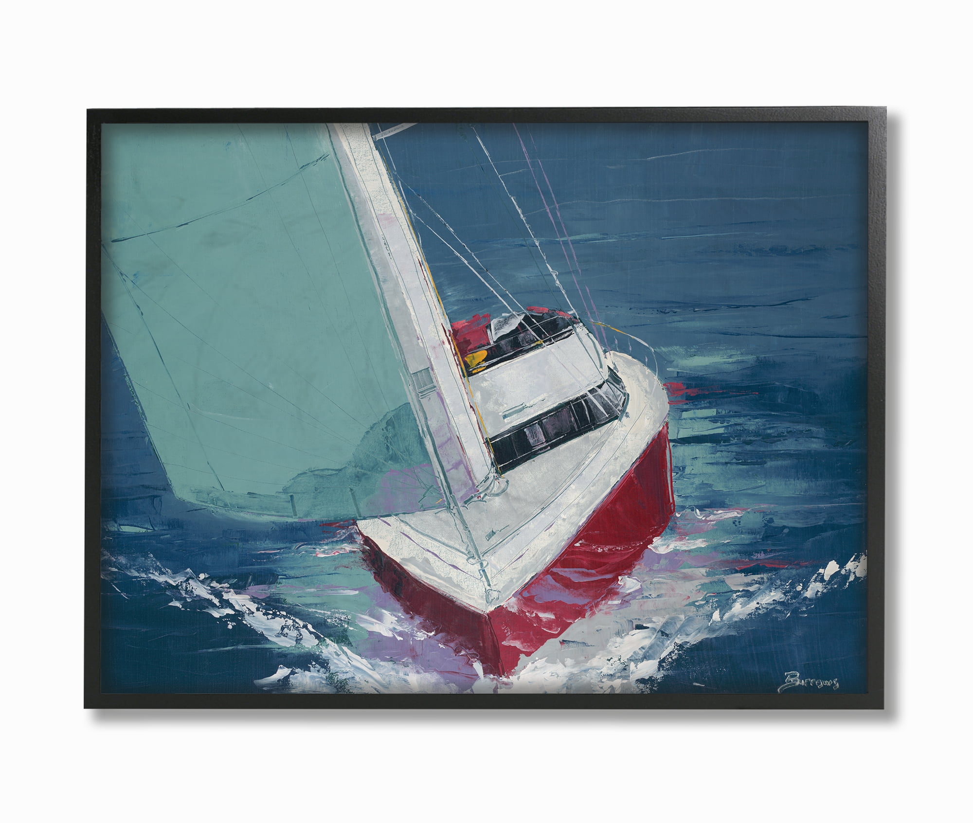 The Stupell Home Decor Collection Red White and Blue Sailboat Cruising the Ocean Painting Oversized Framed Giclee Texturized Art, 16 x 1.5 x 20