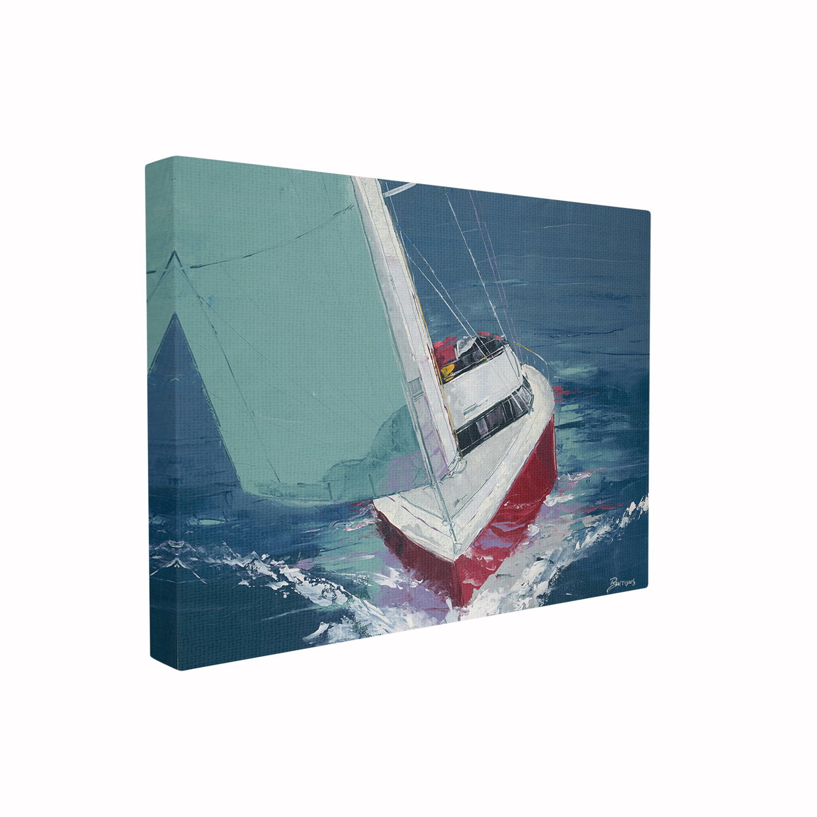 The Stupell Home Decor Collection Red White and Blue Sailboat Cruising the Ocean Painting Oversized Stretched Canvas Wall Art, 24 x 1.5 x 30