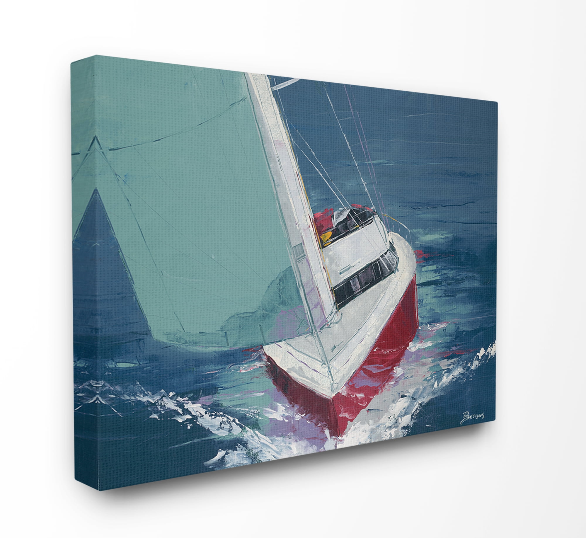The Stupell Home Decor Collection Red White and Blue Sailboat Cruising the Ocean Painting Stretched Canvas Wall Art, 16 x 1.5 x 20