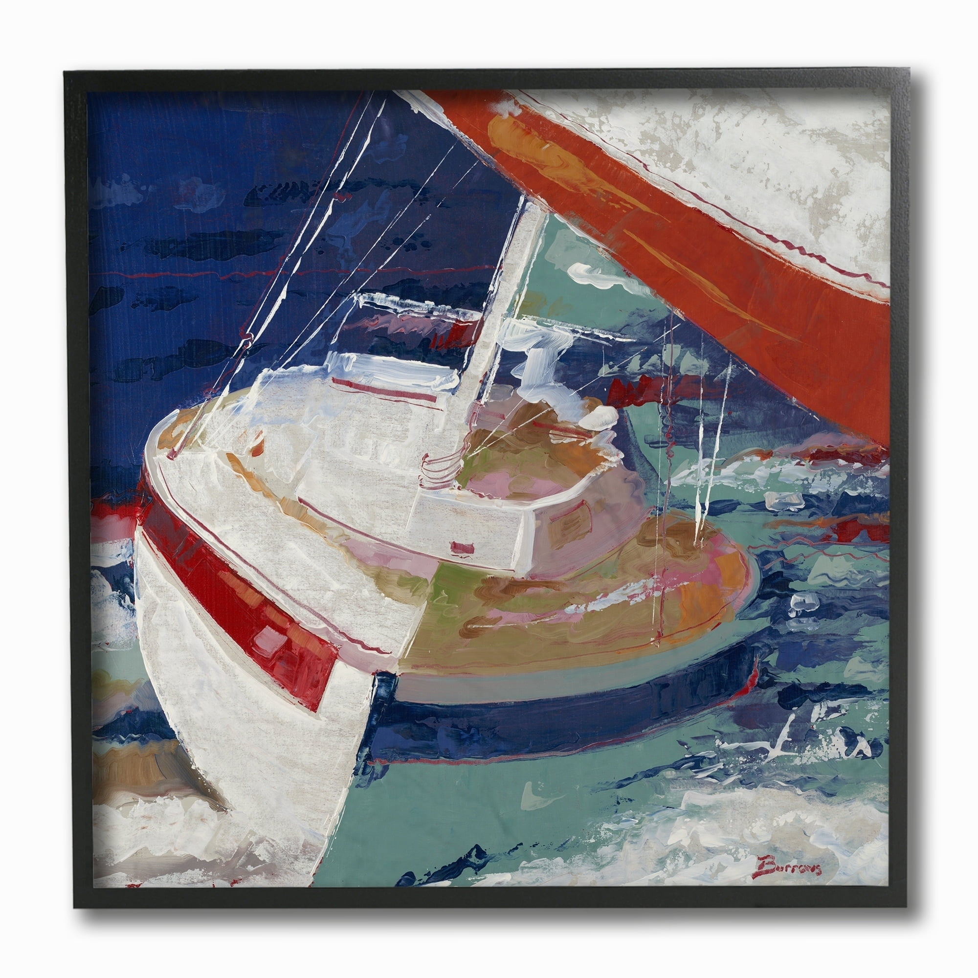 The Stupell Home Decor Collection Red White and Blue Sailboat Rocking in the Ocean Close Up Painting Framed Giclee Texturized Art, 12 x 1.5 x 12