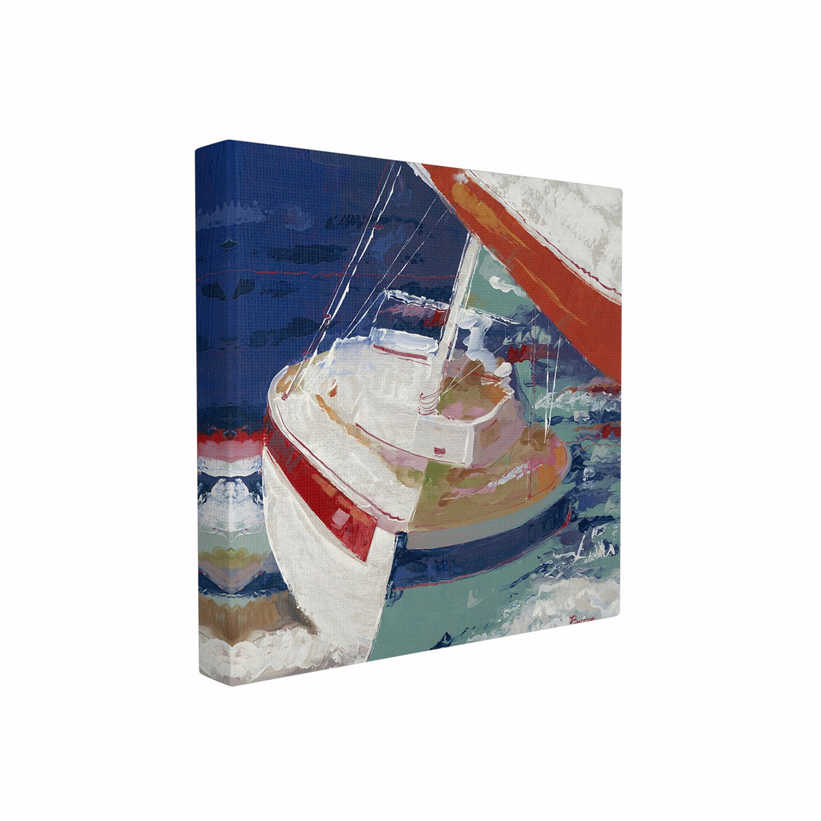 The Stupell Home Decor Collection Red White and Blue Sailboat Rocking in the Ocean Close Up Painting Stretched Canvas Wall Art, 17 x 1.5 x 17