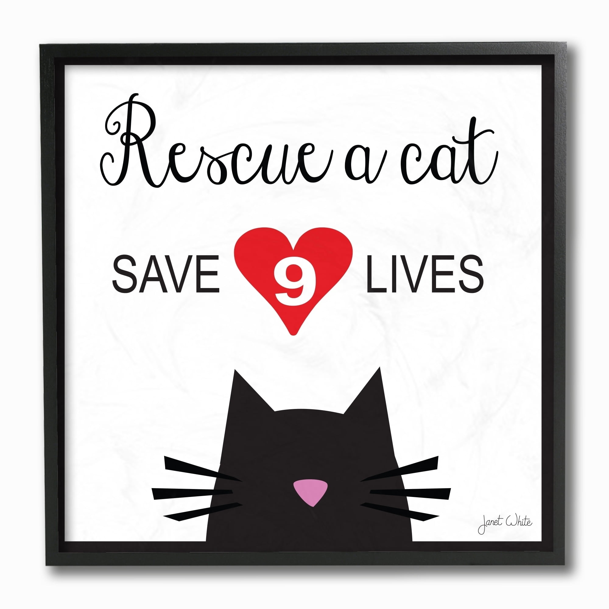 The Stupell Home Decor Collection Rescue a Cat Save 9 Lives Black and White Typography Framed Giclee Texturized Art, 12 x 1.5 x 12