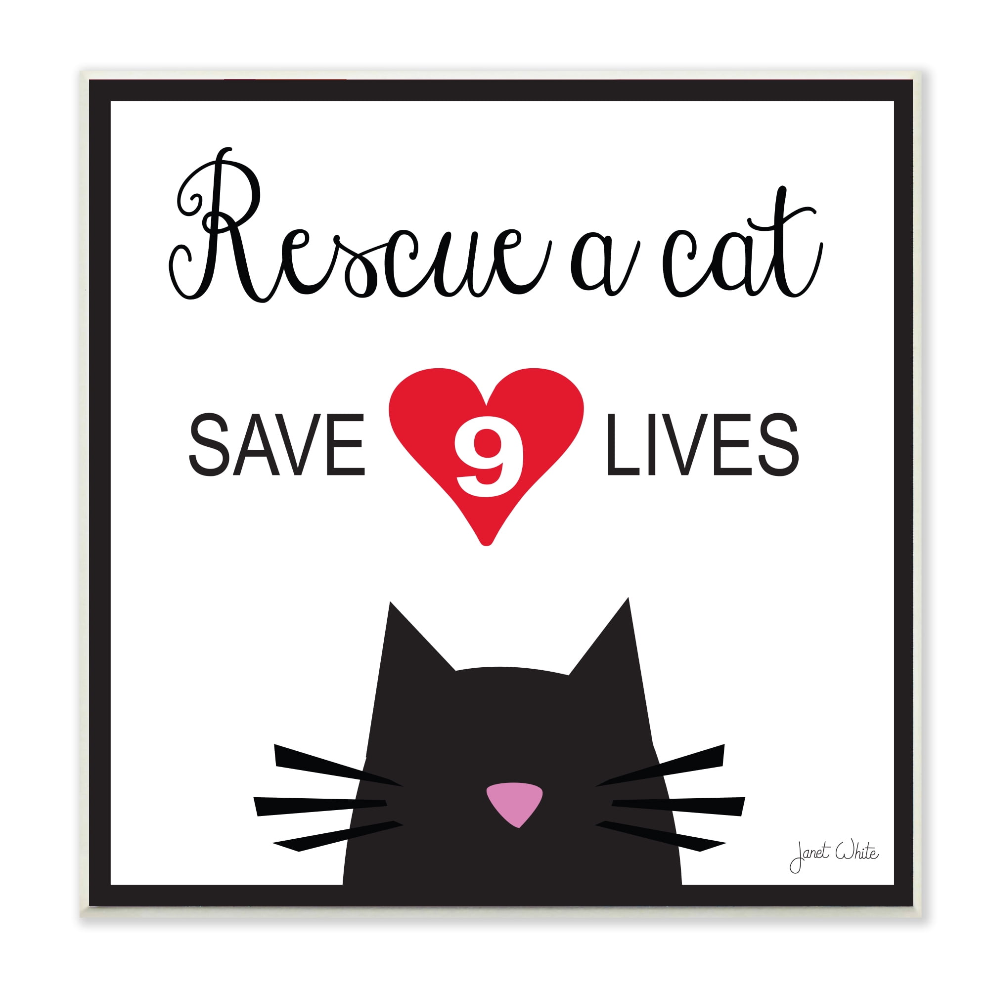 The Stupell Home Decor Collection Rescue a Cat Save 9 Lives Black and White Typography Wall Plaque Art, 12 x 0.5 x 12