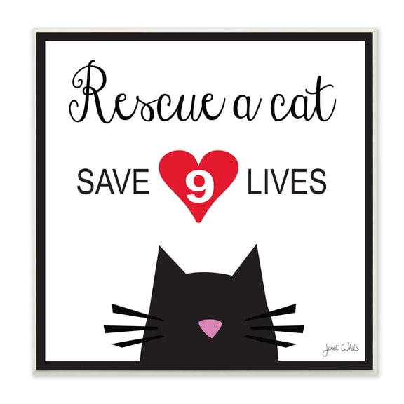 The Stupell Home Decor Collection Rescue a Cat Save 9 Lives Black and White Typography Wall Plaque Art, 12 x 0.5 x 12