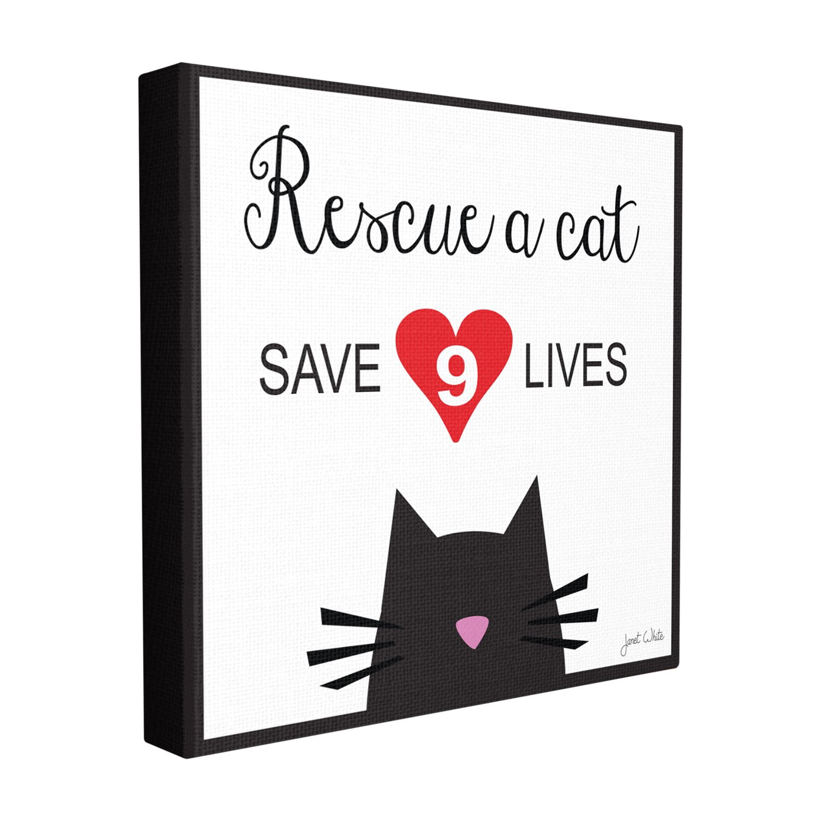 The Stupell Home Decor Collection Rescue a Cat Save 9 Lives Black and White Typography XL Stretched Canvas Wall Art, 30 x 1.5 x 30