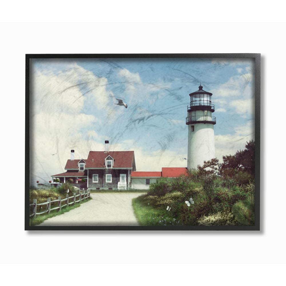 The Stupell Home Decor Collection Road To The Lighthouse Cape Cod Beach View with Seagull Framed Giclee Texturized Art