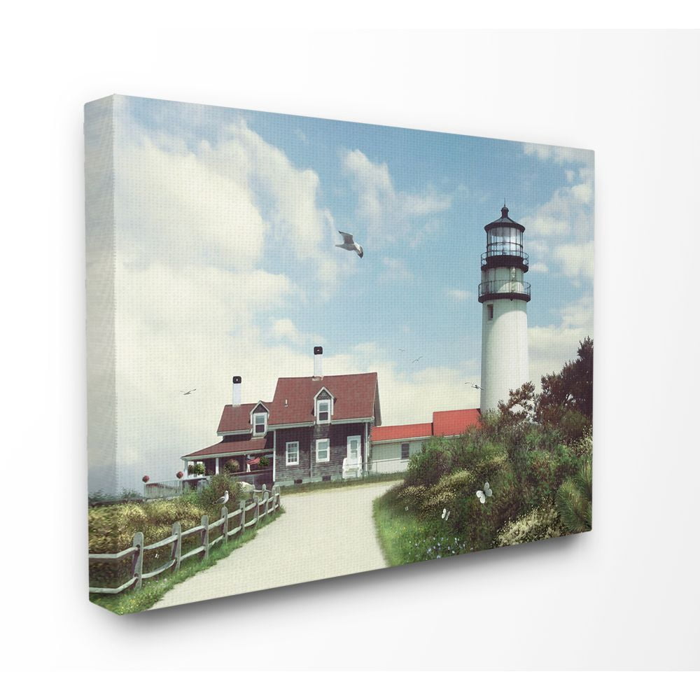 The Stupell Home Decor Collection Road To The Lighthouse Cape Cod Beach View with Seagull Super Canvas Wall Art