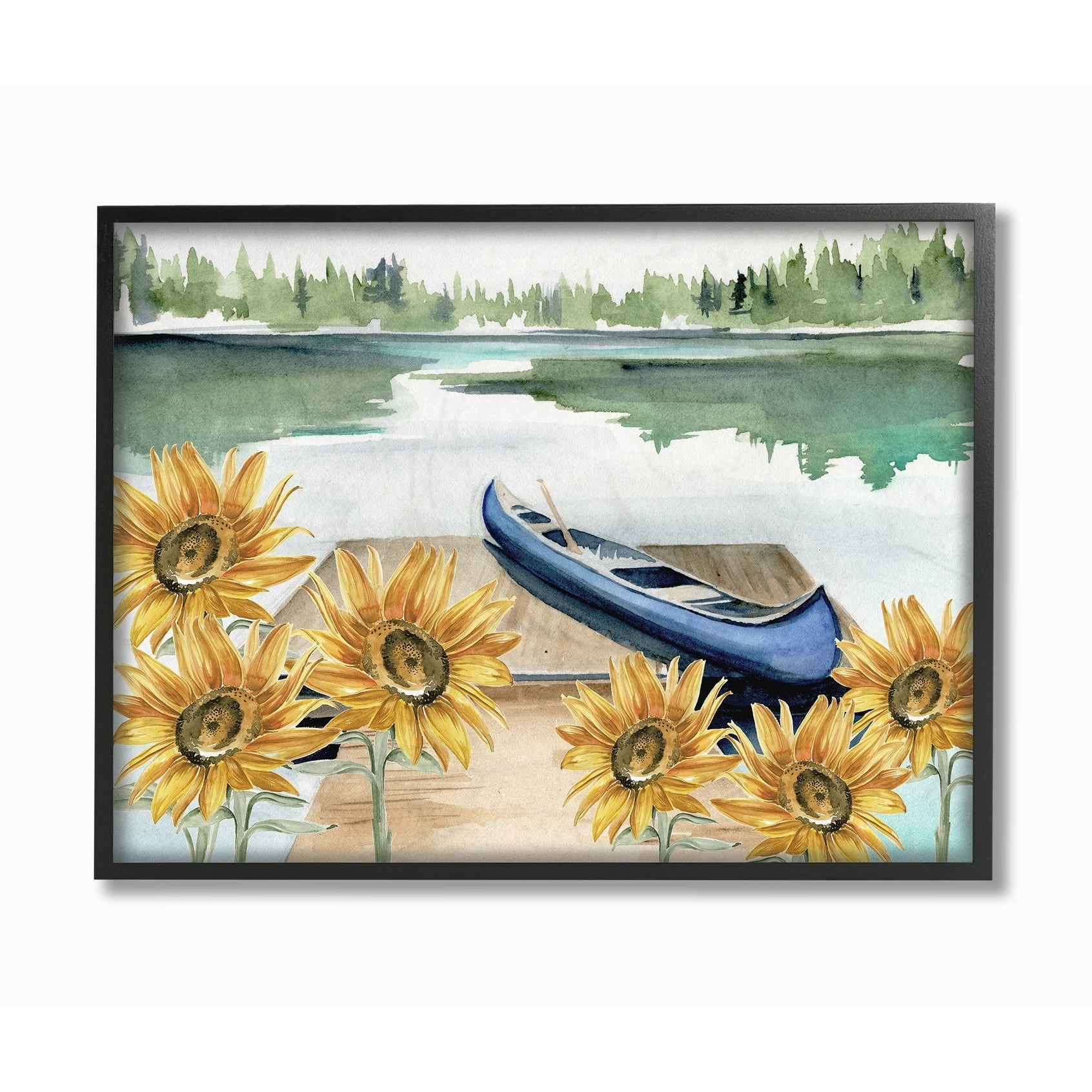The Stupell Home Decor Collection Rowboat on a Calm Lake with Sunflowers Watercolor Painting Oversized Framed Giclee Texturized Art, 16 x 1.5 x 20
