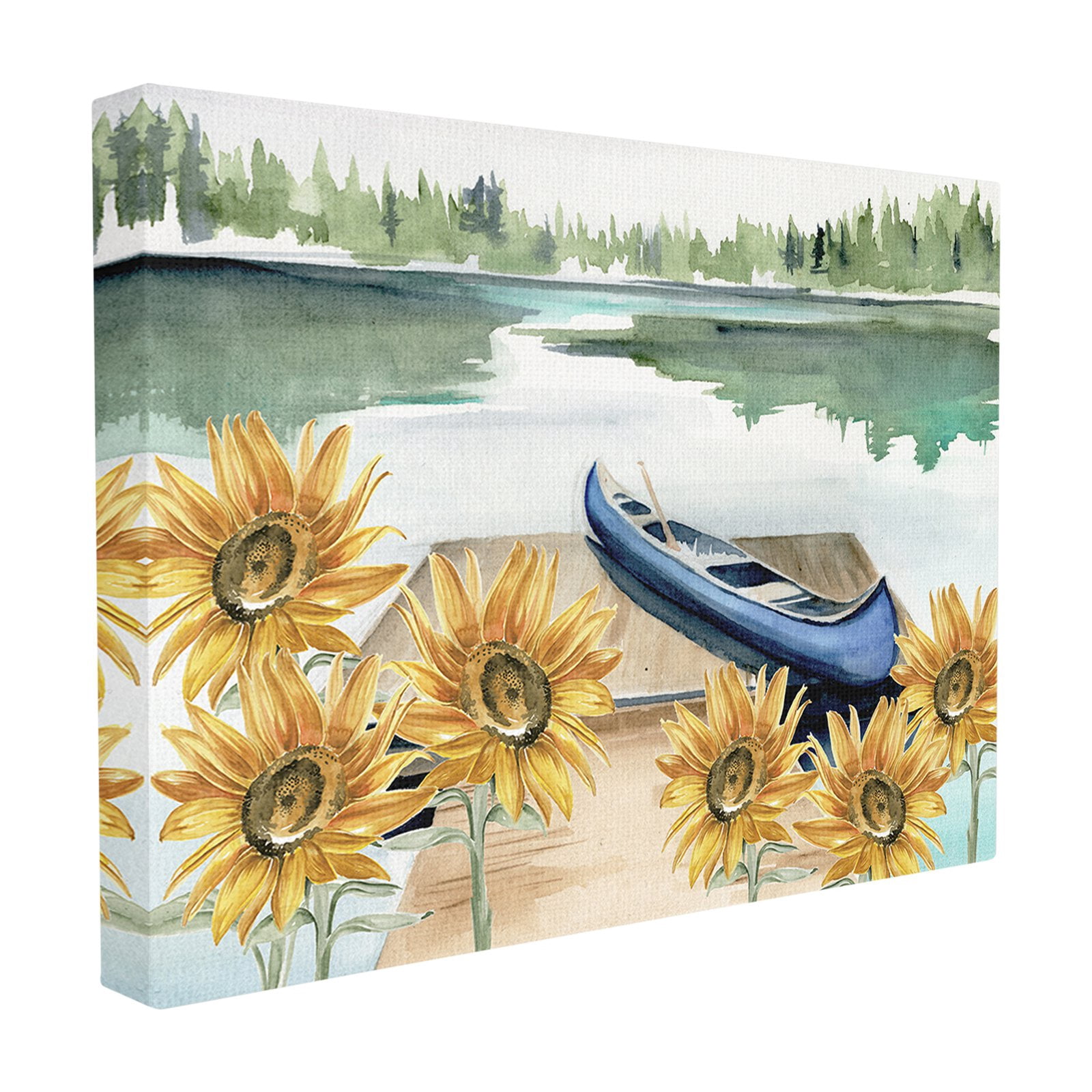 The Stupell Home Decor Collection Rowboat on a Calm Lake with Sunflowers Watercolor Painting XXL Stretched Canvas Wall Art, 30 x 1.5 x 40