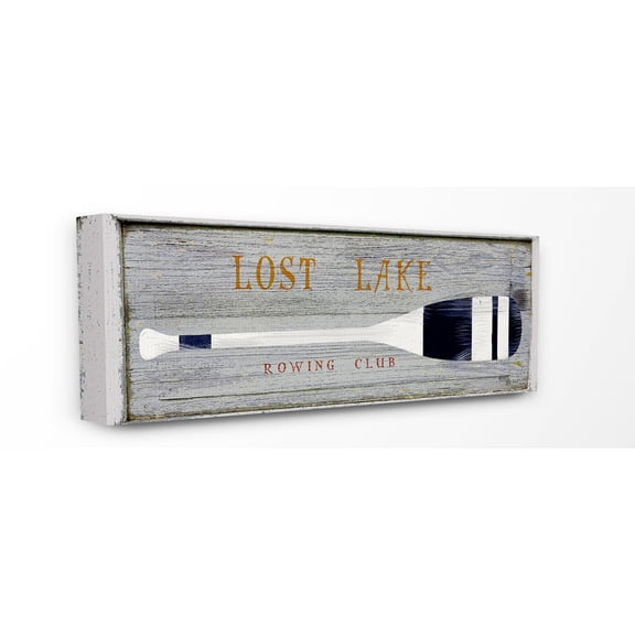 The Stupell Home Decor Collection Rustic Grey Planked Look Blue and White Oar Lost Lake Rowing Club Stretched Canvas Wall Art, 10 x 1.5 x 24