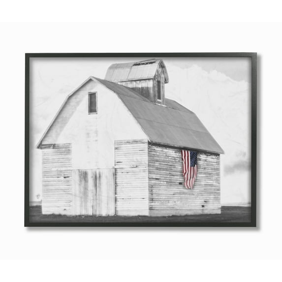 The Stupell Home Decor Collection Rustic US Barn Flag Black and White Oversized Framed Giclee Texturized Art, 16 x 1.5 x 20