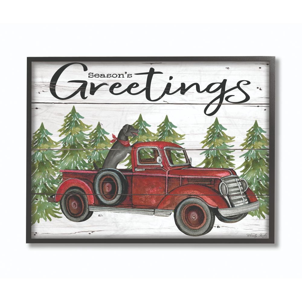The Stupell Home Decor Collection Seasons Greetings Dog in a Red Truck on Planks Framed Giclee Texturized Art