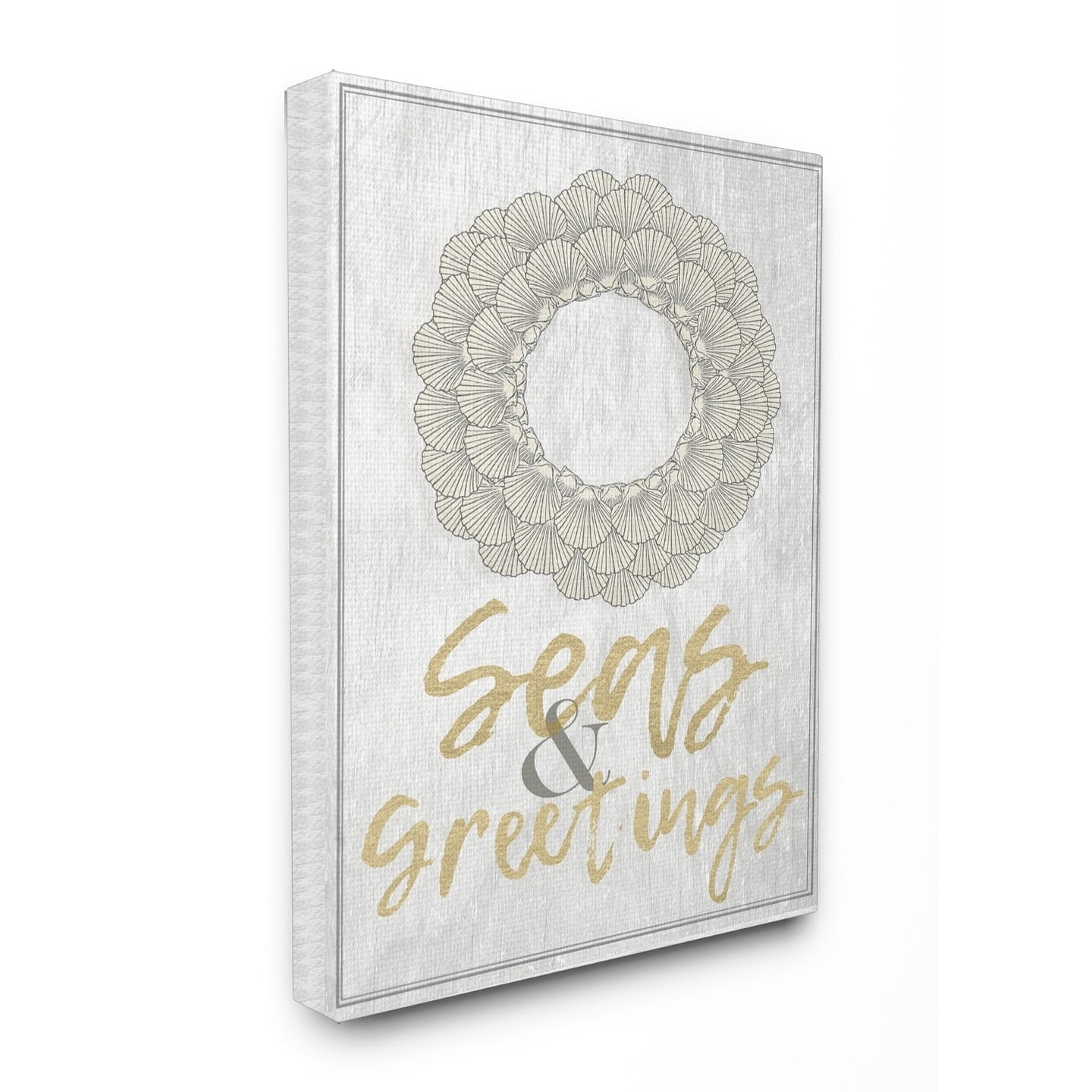 Festive Seashell Wreath Gray and Gold Canvas Wall Art