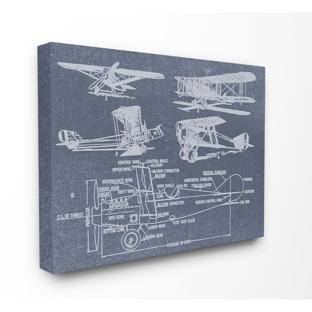 Slate Blue Vintage Airplane Diagram Canvas Wall Art