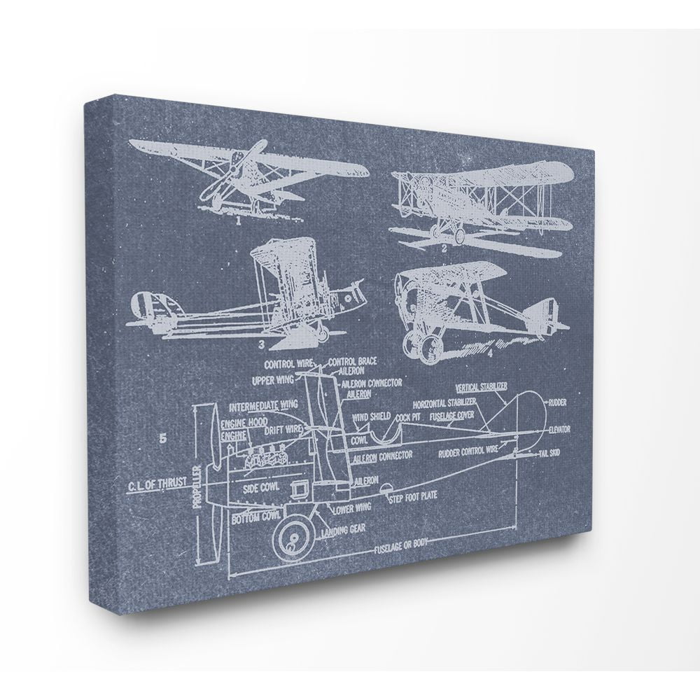 The Stupell Home Decor Collection Slate Blue Distressed Vintage Airplanes Diagram Blueprint Canvas Wall Art