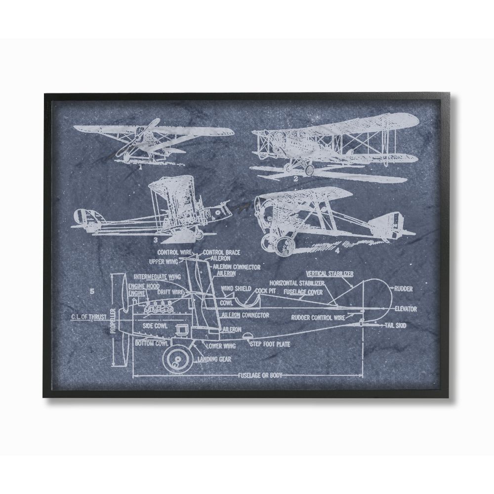 The Stupell Home Decor Collection Slate Blue Distressed Vintage Airplanes Diagram Blueprint Framed Giclee Texturized Art