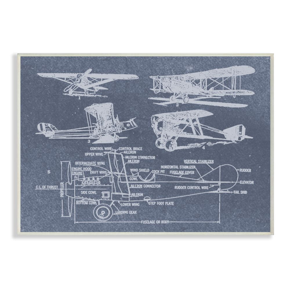The Stupell Home Decor Collection Slate Blue Distressed Vintage Airplanes Diagram Blueprint Wall Plaque Art