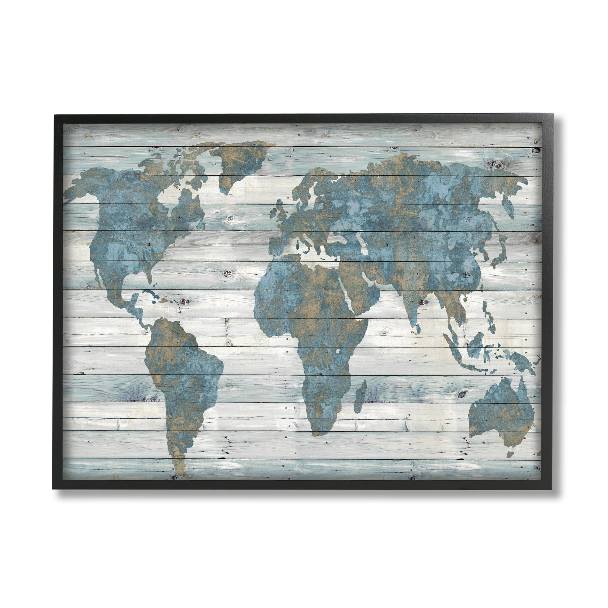 The Stupell Home Decor Collection Slate Blue and Tan Rustic Planked Look Weathered World Map Framed Giclee Texturized Art, 11 x 1.5 x 14