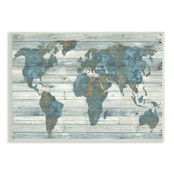 The Stupell Home Decor Collection Slate Blue and Tan Rustic Planked Look Weathered World Map Wall Plaque Art, 10 x 0.5 x 15