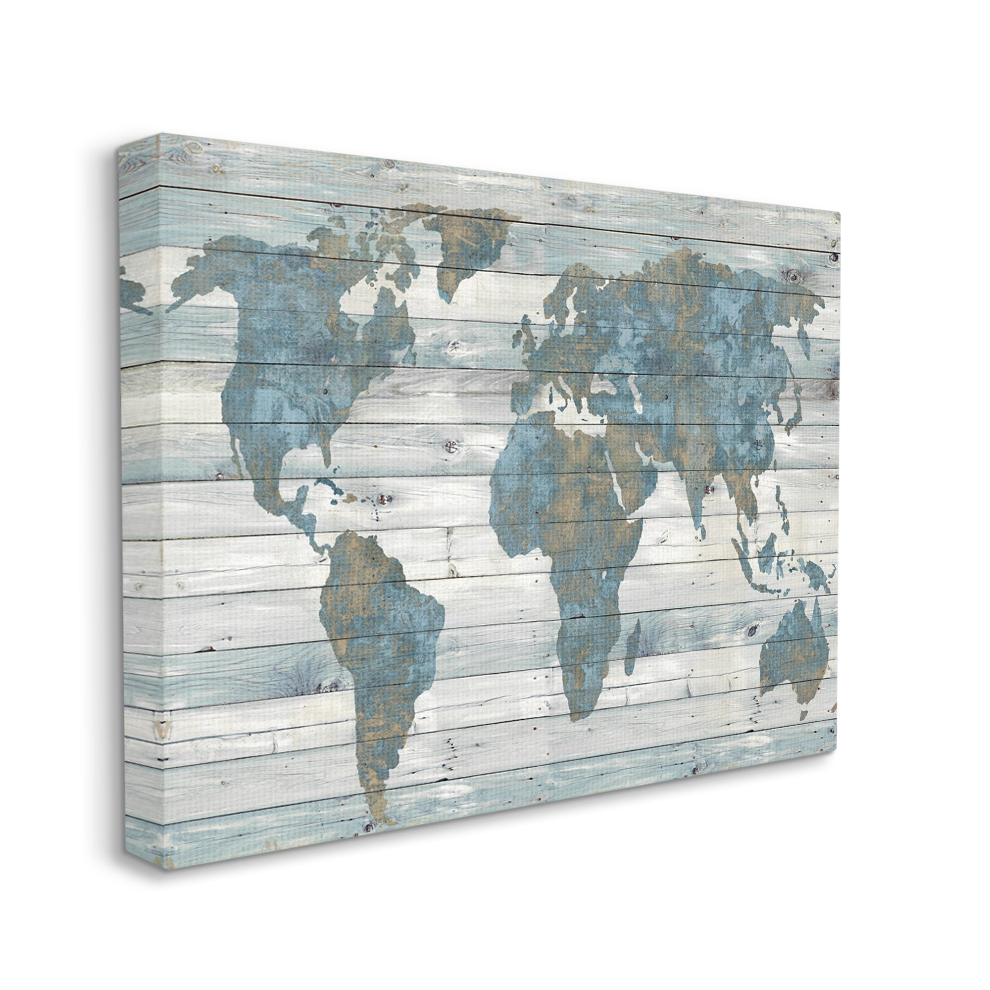 The Stupell Home Decor Collection Slate Blue and Tan Rustic Planked Look Weathered World Map XXL Stretched Canvas Wall Art, 30 x 1.5 x 40