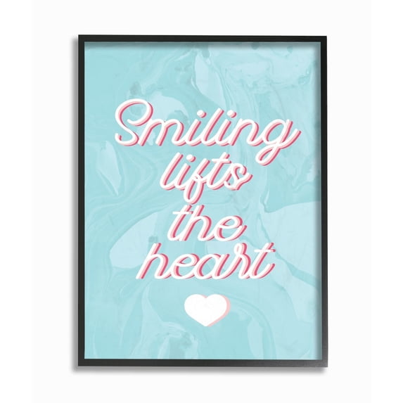 The Stupell Home Decor Collection Smiling Lifts The Heart Script Typography on Blue Marble Framed Giclee Texturized Art, 11 x 14