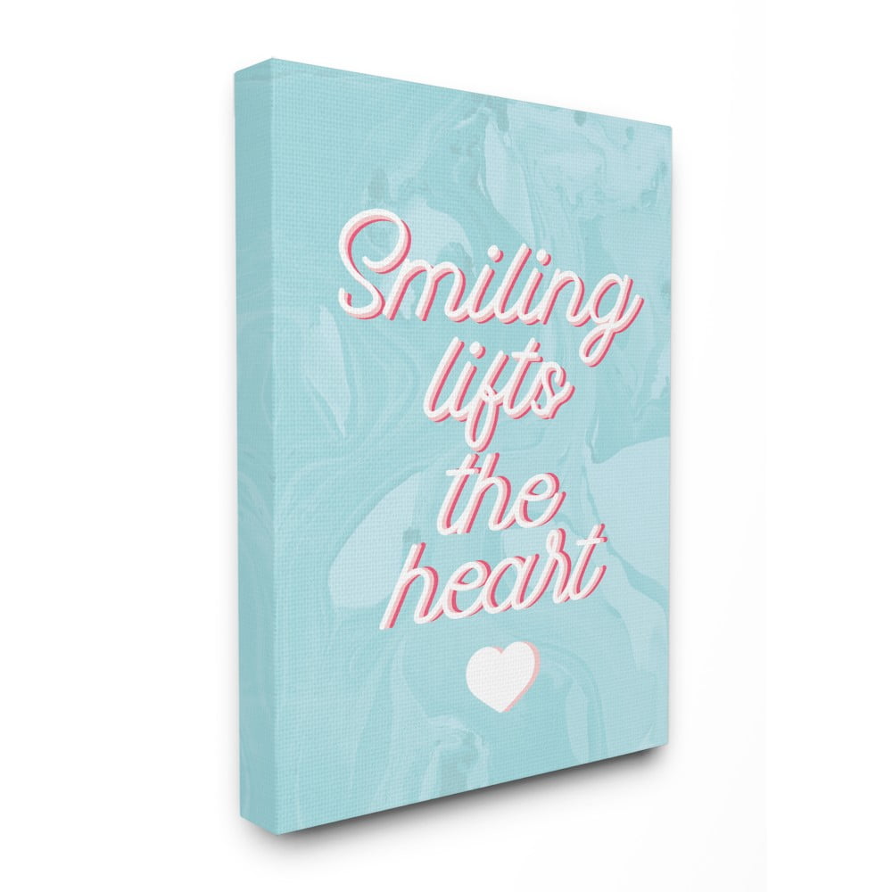 The Stupell Home Decor Collection Smiling Lifts The Heart Script Typography on Blue Marble Stretched Canvas Wall Art, 16 x 20