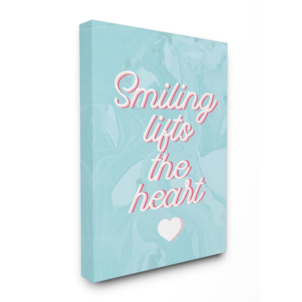 The Stupell Home Decor Collection Smiling Lifts The Heart Script Typography on Blue Marble Stretched Canvas Wall Art, 24 x 30