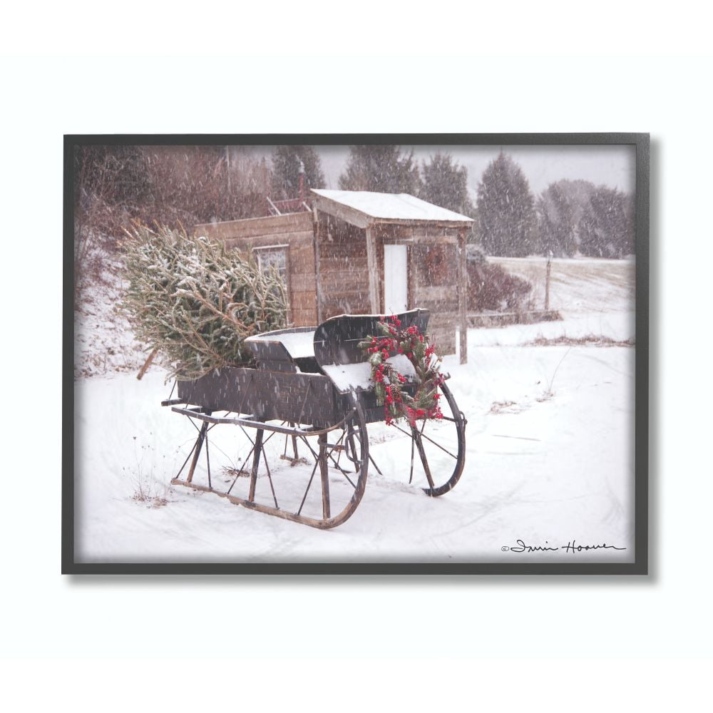 The Stupell Home Decor Collection Snow Sleigh with Tree and Wreath Photograph Framed Giclee Texturized Art
