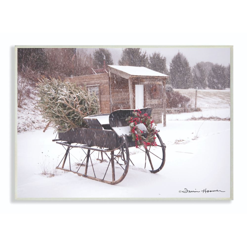The Stupell Home Decor Collection Snow Sleigh with Tree and Wreath Photograph Wood Wall Art