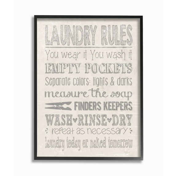 The Stupell Home Decor Collection Soft Grey Textured Laundry Rules Wash Rinse Dry Typography Black Framed Giclee Texturized Art