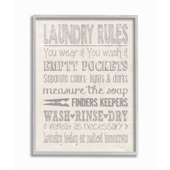 The Stupell Home Decor Collection Soft Grey Textured Laundry Rules Wash Rinse Dry Typography Gray Farmhouse Rustic Framed Giclee Texturized Art